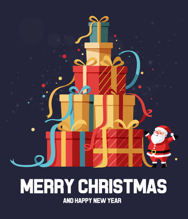 Merry Christmas and Happy New Year greeting card with Santa Claus and presents. Vector illustrationのイラスト素材