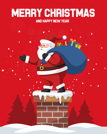 Merry Christmas and Happy New Year greeting card. Santa Claus with bag of gifts on chimneyのイラスト素材