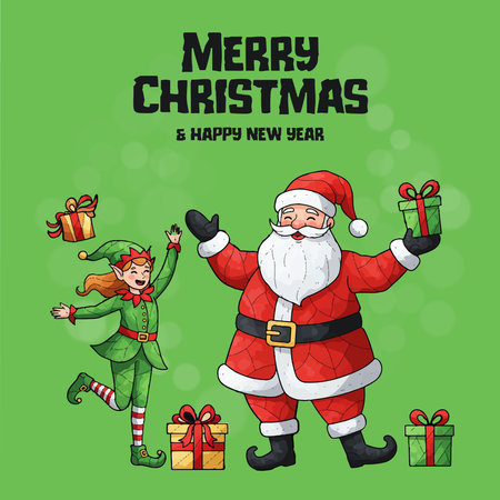 Merry Christmas and Happy New Year greeting card with Santa Claus. Vector illustration.のイラスト素材