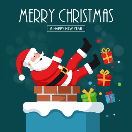 Merry Christmas greeting card with Santa Claus on chimney. Vector illustrationのイラスト素材