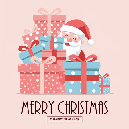 Merry Christmas greeting card with Santa Claus and gifts. Vector illustration.のイラスト素材