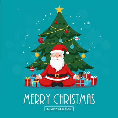Merry Christmas greeting card with Santa Claus and Christmas tree. Vector illustration.のイラスト素材