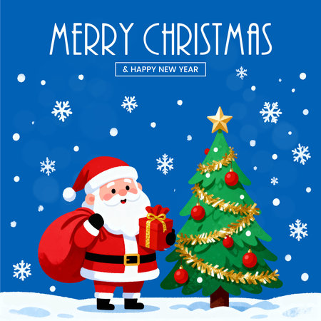 Merry Christmas and Happy New Year greeting card with Santa Claus and Christmas tree.のイラスト素材