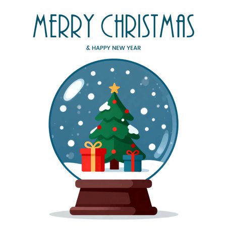 Merry Christmas and Happy New Year greeting card with Christmas tree in snow globe.のイラスト素材