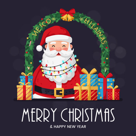 Merry Christmas and Happy New Year greeting card with Santa Claus. Vector illustrationのイラスト素材