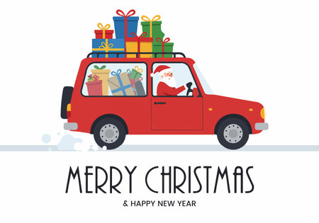 Merry Christmas and Happy New Year greeting card with Santa Claus driving a car with gift boxes. Vector illustration.のイラスト素材