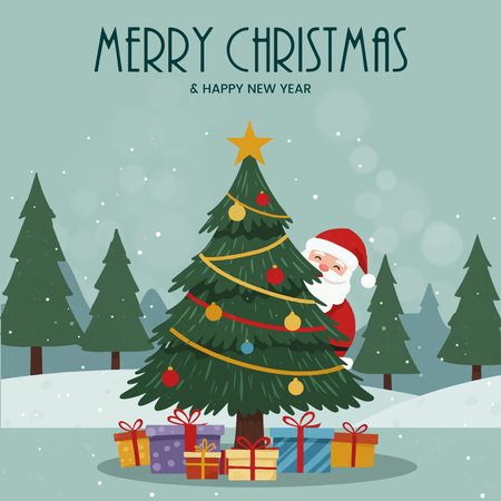 Merry Christmas and Happy New Year greeting card with Santa Claus. Vector illustration.のイラスト素材