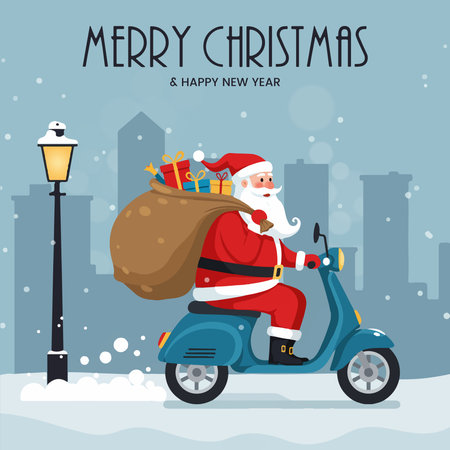 Merry Christmas and Happy New Year greeting card with Santa Claus on scooter delivering gifts. Vector illustrationのイラスト素材