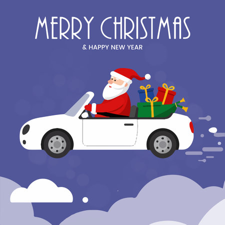 Merry Christmas and Happy New Year greeting card with Santa Claus driving a cabriolet with gifts. Vector illustration.のイラスト素材