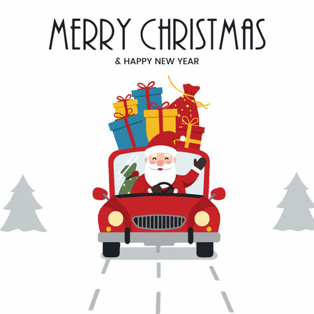 Merry Christmas and Happy New Year greeting card with Santa Claus driving red car with gifts.のイラスト素材