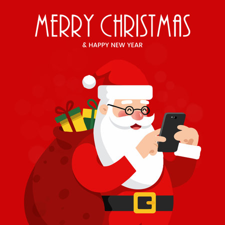 Santa Claus with mobile phone. Merry Christmas and Happy New Year. Vector illustrationのイラスト素材