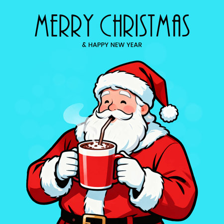 Santa Claus with a cup of hot chocolate. Christmas greeting card.のイラスト素材