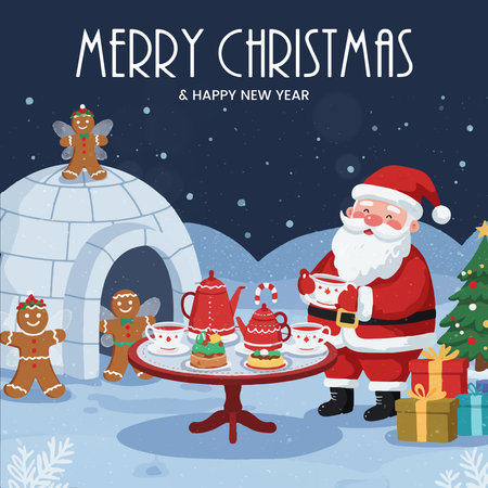 Merry Christmas and Happy New Year greeting card with Santa Claus and gingerbread menのイラスト素材