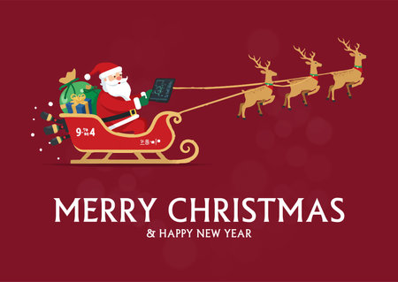 Merry Christmas and Happy New Year. Santa Claus in sleigh with reindeers. Vector illustration.のイラスト素材