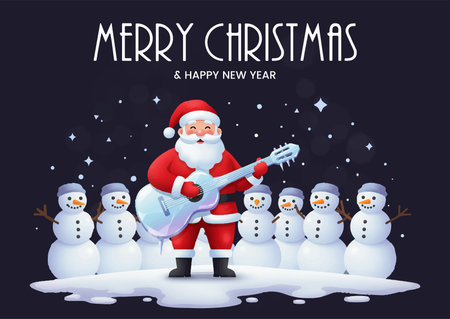 Merry Christmas and Happy New Year greeting card with Santa Claus playing guitar on snowman backgroundのイラスト素材