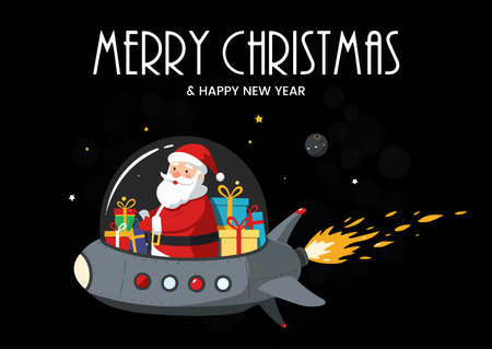 Merry Christmas greeting card with Santa Claus flying in a spaceship.のイラスト素材