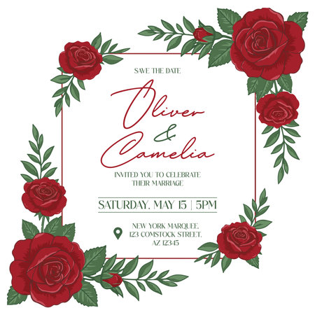 Wedding invitation with red roses and green leaves. Vector illustrationのイラスト素材