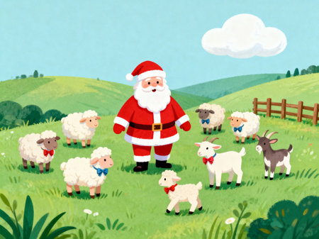 Santa Claus, sheep and goats in the meadow. Vector illustration.の素材