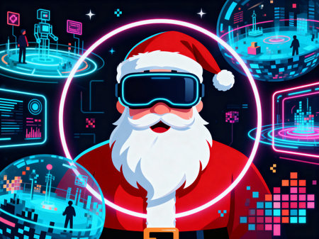 Santa Claus in virtual reality glasses. Future technology concept. Vector illustrationの素材