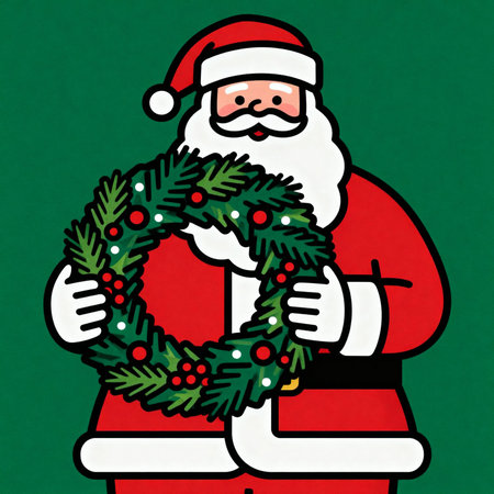 Santa Claus with a wreath of fir branches on a green backgroundの素材