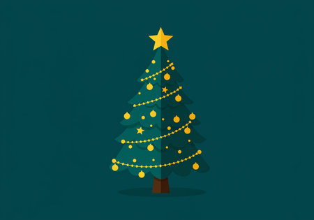 Christmas tree with gold star on the green background. Vector illustration.の素材