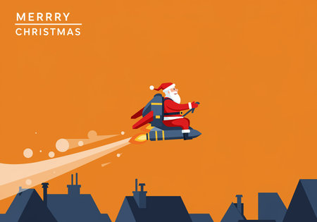 Merry Christmas and Happy New Year greeting card with Santa Claus flying on a rocket. Vector illustrationの素材