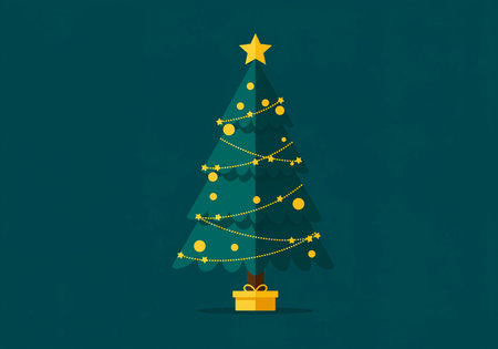 Christmas tree with gold star and gift box. Flat design vector illustration.の素材