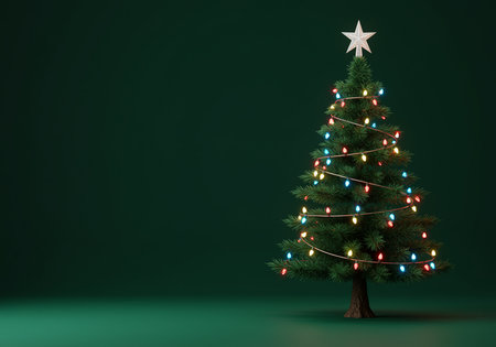 Christmas tree with lights on a green background. 3d rendering.の素材