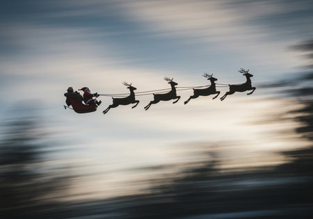 Santa Claus flying with reindeers in motion blur. Christmas backgroundの素材