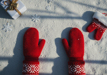 Female hands in red knitted mittens on the background of snowflakes and Christmas giftsの素材