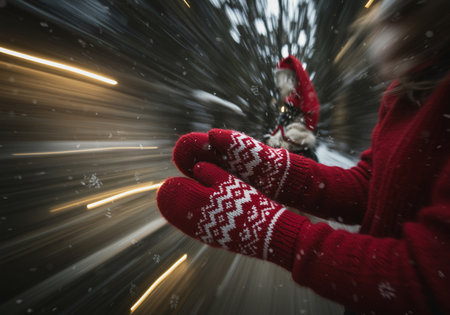Merry Christmas and Happy Holidays greeting card. Woman in red woolen gloves holding christmas tree in snowfall.の素材