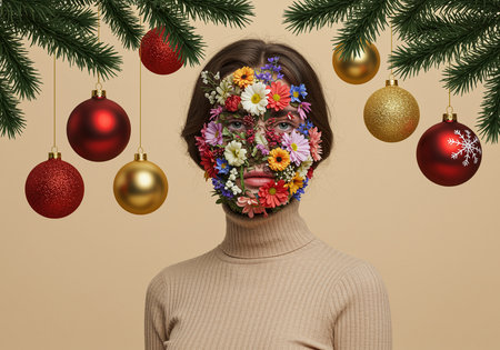 Portrait of a beautiful woman with flowers in the face and christmas decorationsの素材