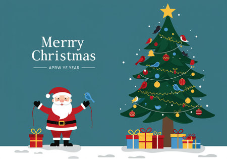 Merry Christmas and Happy New Year greeting card with Santa Claus and Christmas tree.の素材