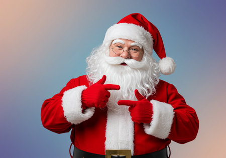 christmas, holidays, gesture and people concept - man in costume of santa claus pointing finger on blue backgroundの素材