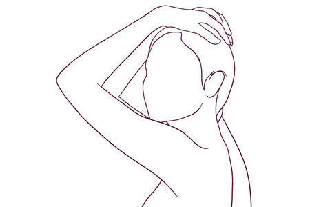 beautiful girl  touch her head hand drawn style vector illustrationのイラスト素材
