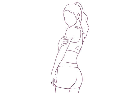 An athletic young woman shows off her toned body in a fitness pose in a hand drawn vector illustrationのイラスト素材