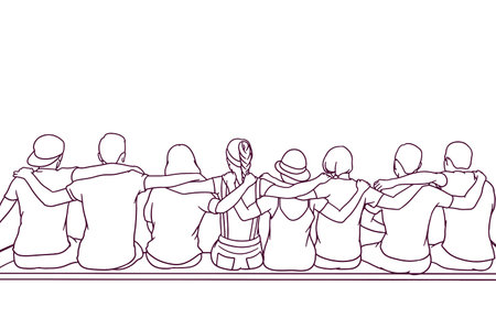 hand drawn team hugging each other, team embcare each otherのイラスト素材