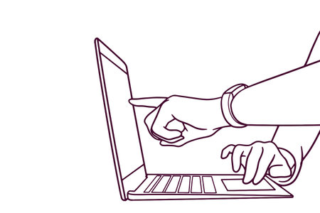 hand drawn business team working on a laptop illustrationのイラスト素材