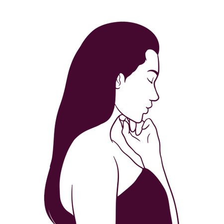 hand drawn woman with long hair, thinking woman illustrationのイラスト素材