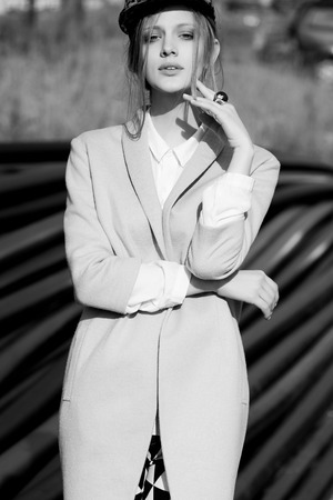 black and white woman fashion model outdoor portraitの写真素材