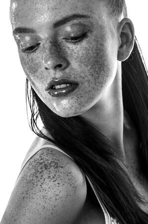 Ginger girl with clean skin. Red lipsの写真素材