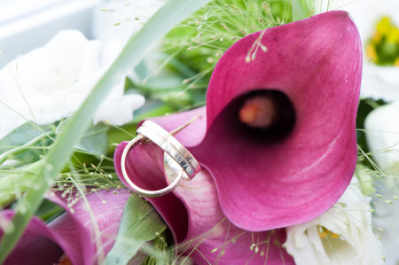 beautiful wedding bouquet whith ringsの写真素材