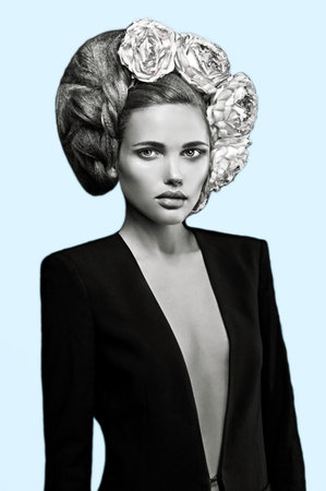 Close up portrait of art color woman face in black jacket with  flower wreath on head