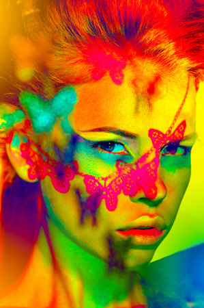 beautiful fashion woman color  face art butterfly shadow