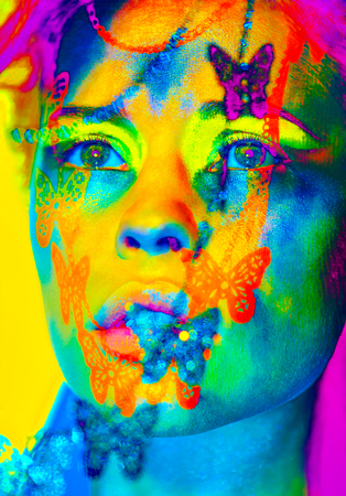 beautiful fashion woman color  face art butterfly shadowの写真素材