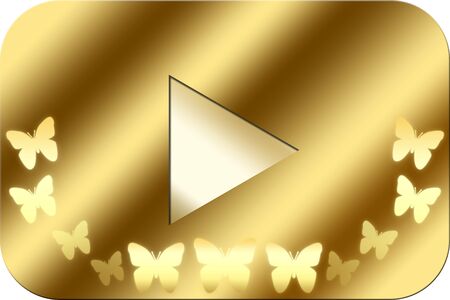 A golden video playback button (icon) that looks like a metal!の写真素材