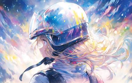 Digital painting of a female astronaut wearing a helmet against a colorful backgroundの写真素材