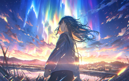 Young woman with long hair in the night sky and the northern lights