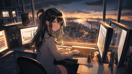 Portrait of a young woman working on a computer at night.の写真素材
