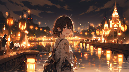 Beautiful asian girl in front of the famous castle at nightの写真素材